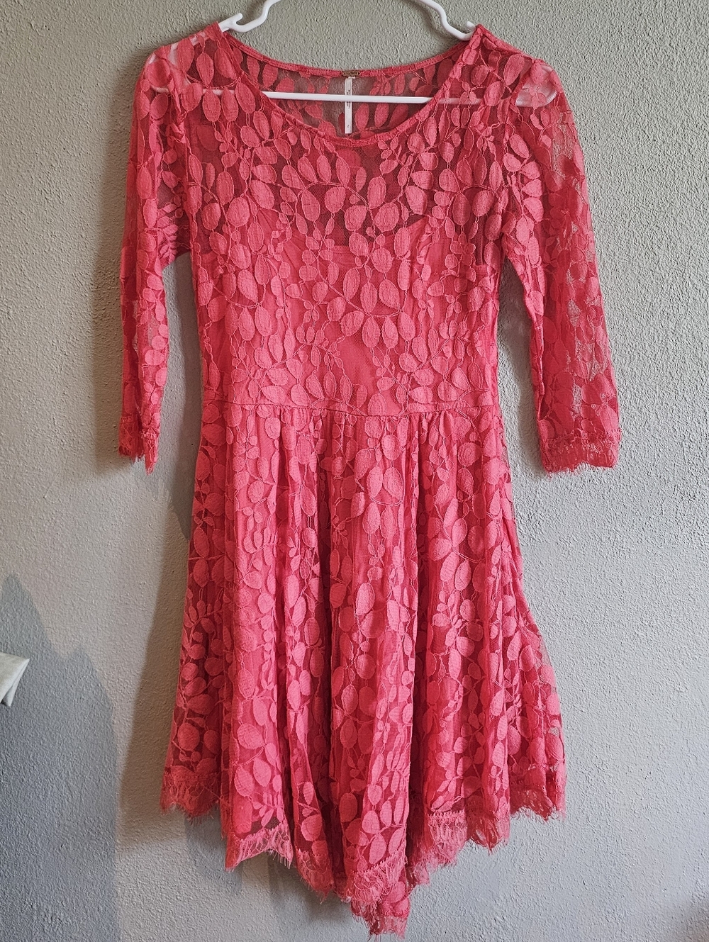 Free People Pink On Pink Mini Floral Mesh Lace Dress 3/4 Sleeve Size 2 Fairycore - Picture 3 of 12